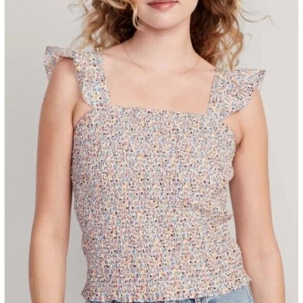 Old Navy Smocked Fitted Ruffle Trim Pink Ditsy Floral Top Womens size 2X